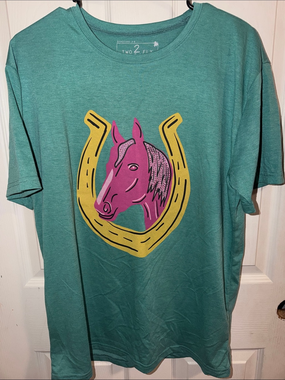 Two Fly Teal Short-Sleeve Tee with Pink Horse & Yellow Horseshoe